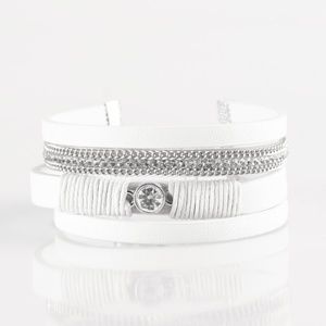 White Leather Silver Chain Rhinestone Bracelet